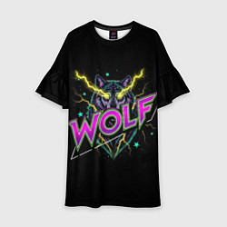 Платье клеш для девочки Голова волка со светящимися желтыми глазами, цвет: 3D-принт