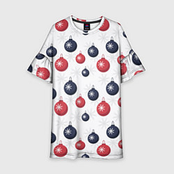 Платье клеш для девочки Синие и красные новогодние шары со снежинками, цвет: 3D-принт