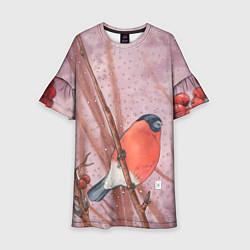Платье клеш для девочки Акварельный снегирь в рябине, цвет: 3D-принт