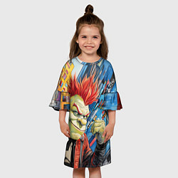 Платье клеш для девочки Панк Шрек на фоне домов, цвет: 3D-принт — фото 2