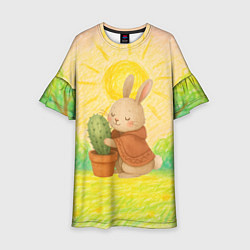 Платье клеш для девочки Заяц обнимает кактус, цвет: 3D-принт
