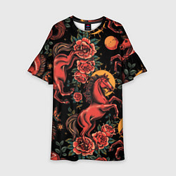 Платье клеш для девочки Красная лошадь с розами, цвет: 3D-принт