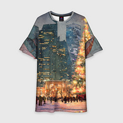 Платье клеш для девочки Москва - сити и новогодняя елка, цвет: 3D-принт