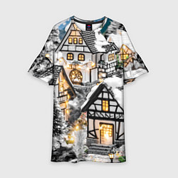 Платье клеш для девочки Объемные новогодние дома, цвет: 3D-принт
