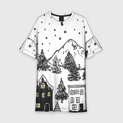 Платье клеш для девочки Заснеженный черно-белый город, цвет: 3D-принт