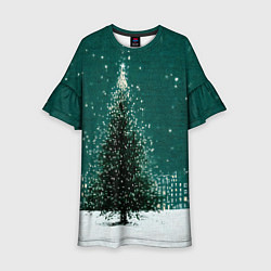 Платье клеш для девочки Новый год в зеленом стиле, цвет: 3D-принт