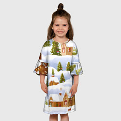 Платье клеш для девочки Новогодние домики и елочки, цвет: 3D-принт — фото 2