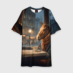 Платье клеш для девочки Лошадь в кафе ищет новогоднее настроение, цвет: 3D-принт