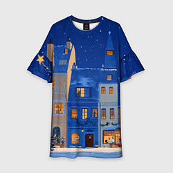 Платье клеш для девочки Синяя новогодняя елочка во дворе, цвет: 3D-принт