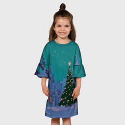 Платье клеш для девочки Зеленая новогодняя елка во вдоре, цвет: 3D-принт — фото 2