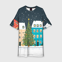 Платье клеш для девочки Новогодний снежный город, цвет: 3D-принт