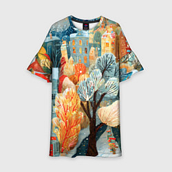 Платье клеш для девочки Разноцветные новогодние домики, цвет: 3D-принт