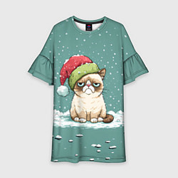 Платье клеш для девочки Недовольный новогодний котик, цвет: 3D-принт