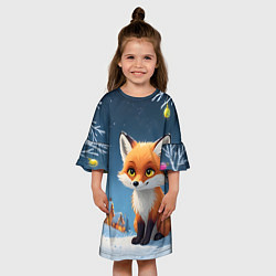Платье клеш для девочки Лисичка новогодней ночью, цвет: 3D-принт — фото 2