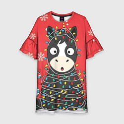 Платье клеш для девочки Лошадка в новогодних огоньках, цвет: 3D-принт