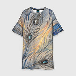 Платье клеш для девочки Синие перья с самоцветами, цвет: 3D-принт