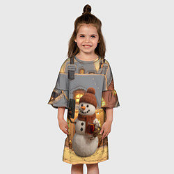 Платье клеш для девочки Снеговик с глинтвейном делает селфи, цвет: 3D-принт — фото 2