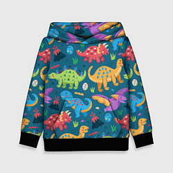 Толстовка-худи детская Арт с динозаврами, цвет: 3D-черный