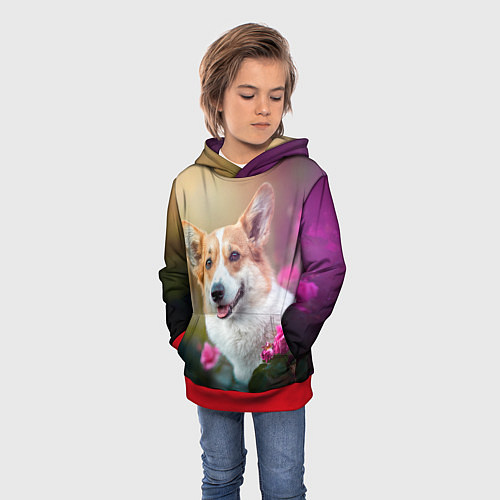 Детская толстовка Корги в розовом кусте / 3D-Красный – фото 3