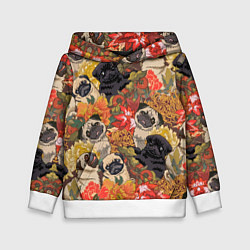 Толстовка-худи детская Мопсики Цветочки, цвет: 3D-белый