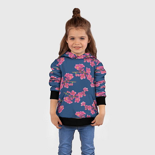 Детская толстовка Веточки айвы с розовыми цветами на синем фоне / 3D-Черный – фото 4