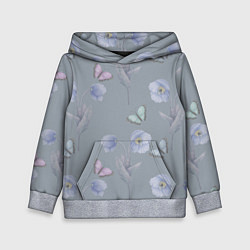 Толстовка-худи детская Бабочки и цветы голубого мака, цвет: 3D-меланж