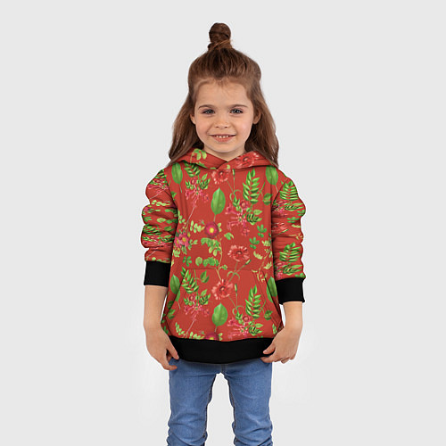 Детская толстовка Паттерн из листьев на красном фоне / 3D-Черный – фото 4