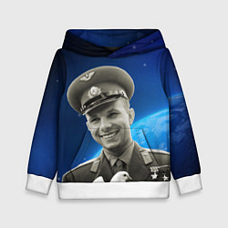 Толстовка-худи детская Юрий Гагарин с голубем 3D, цвет: 3D-белый