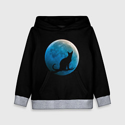 Толстовка-худи детская Силуэт кота на фоне синей луны, цвет: 3D-меланж