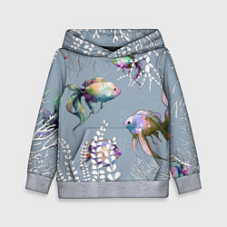 Толстовка-худи детская Разноцветные акварельные рыбки и белые водоросли, цвет: 3D-меланж