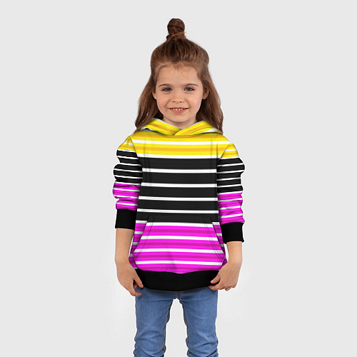 Детская толстовка Желтые розовые и черные полосы на белом / 3D-Черный – фото 4