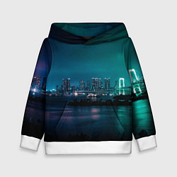 Толстовка-худи детская Неоновый город с рекой - Светло-зелёный, цвет: 3D-белый