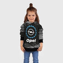 Толстовка-худи детская Opel в стиле Top Gear со следами шин на фоне, цвет: 3D-черный — фото 2