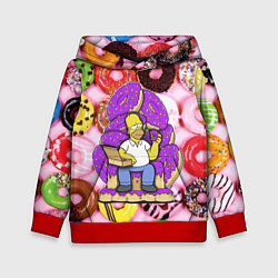 Толстовка-худи детская Гомер Симпсон в окружении пончиков, цвет: 3D-красный