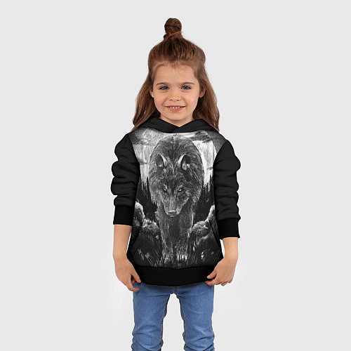 Детская толстовка Волк на фоне луны - рисунок карандашом / 3D-Черный – фото 4