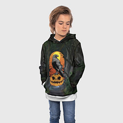 Толстовка-худи детская Ворон, сидящий на тыкве - Halloween, цвет: 3D-белый — фото 2