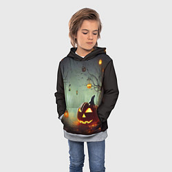 Толстовка-худи детская Тыква на Хэллоуин в ночном туманном лесу, цвет: 3D-меланж — фото 2