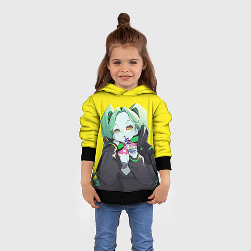 Детская толстовка Ребекка пьет коктель - Cyberpunk / 3D-Черный – фото 4