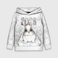 Толстовка-худи детская Белый кролик и снежинки 2023, цвет: 3D-белый