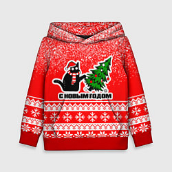 Толстовка-худи детская С новым годом - котик и ёлка, цвет: 3D-красный