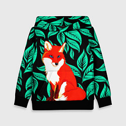 Толстовка-худи детская Лиса на фоне листьев, цвет: 3D-черный