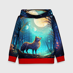 Толстовка-худи детская Волк в ночном лесу в folk art стиле, цвет: 3D-красный