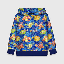Толстовка-худи детская Большие акварельные рыбы, цвет: 3D-синий