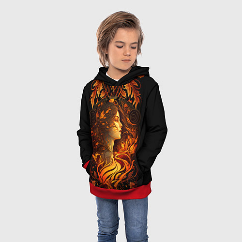 Детская толстовка Девушка в стиле ар-нуво с огнем и осенними листьям / 3D-Красный – фото 3