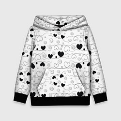 Толстовка-худи детская Узор из черно-белых сердец на белом фоне, цвет: 3D-черный