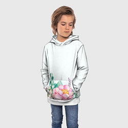 Толстовка-худи детская Цветы нарисованные акварелью - снизу, цвет: 3D-белый — фото 2