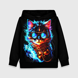Толстовка-худи детская Светящийся кот стимпанк, цвет: 3D-черный