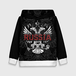 Толстовка-худи детская Герб России с надписью Russia, цвет: 3D-белый