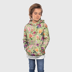 Толстовка-худи детская Акварельные цветы - паттерн зеленый, цвет: 3D-белый — фото 2