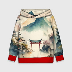 Толстовка-худи детская Японский пейзаж - акварель, цвет: 3D-красный